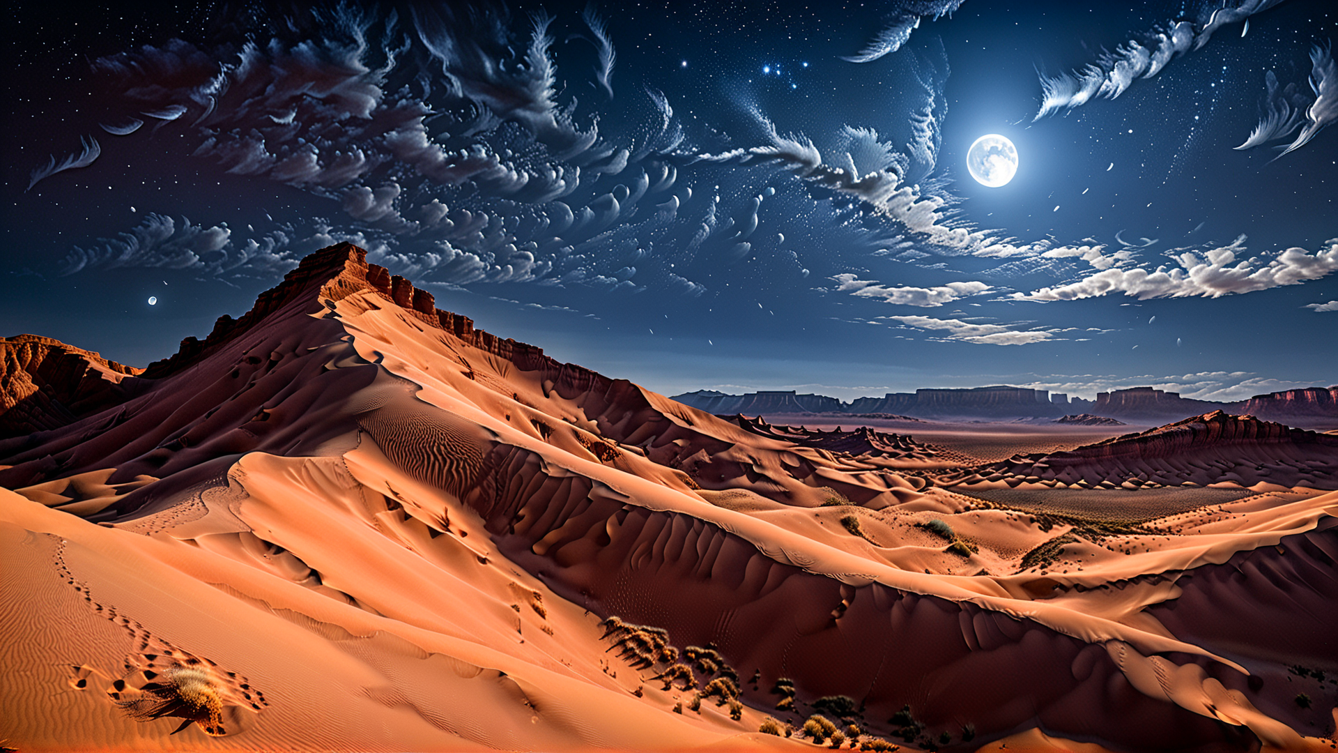 AI generated wallpaper featuring desert, moon, dunes