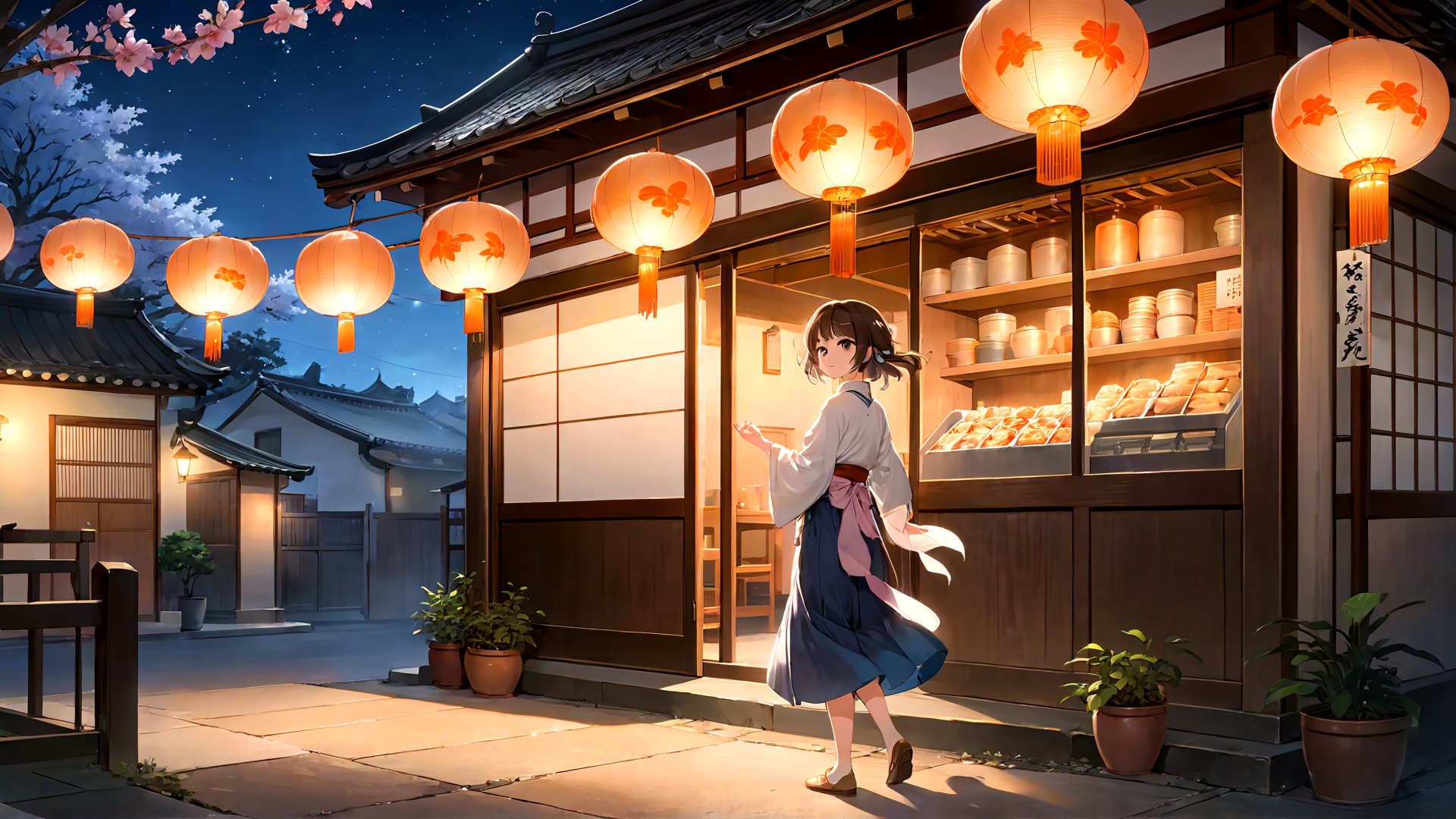 AI generated wallpaper featuring girl, lantern, shop, cherry blossom, traditional building, pots, bread, kitchen, night, street