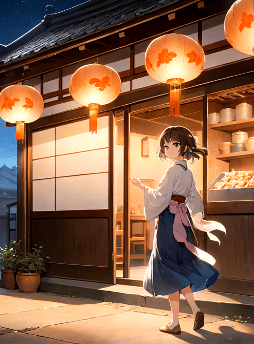girl, lantern, shop, cherry blossom, traditional building, pots, bread, kitchen, night, street