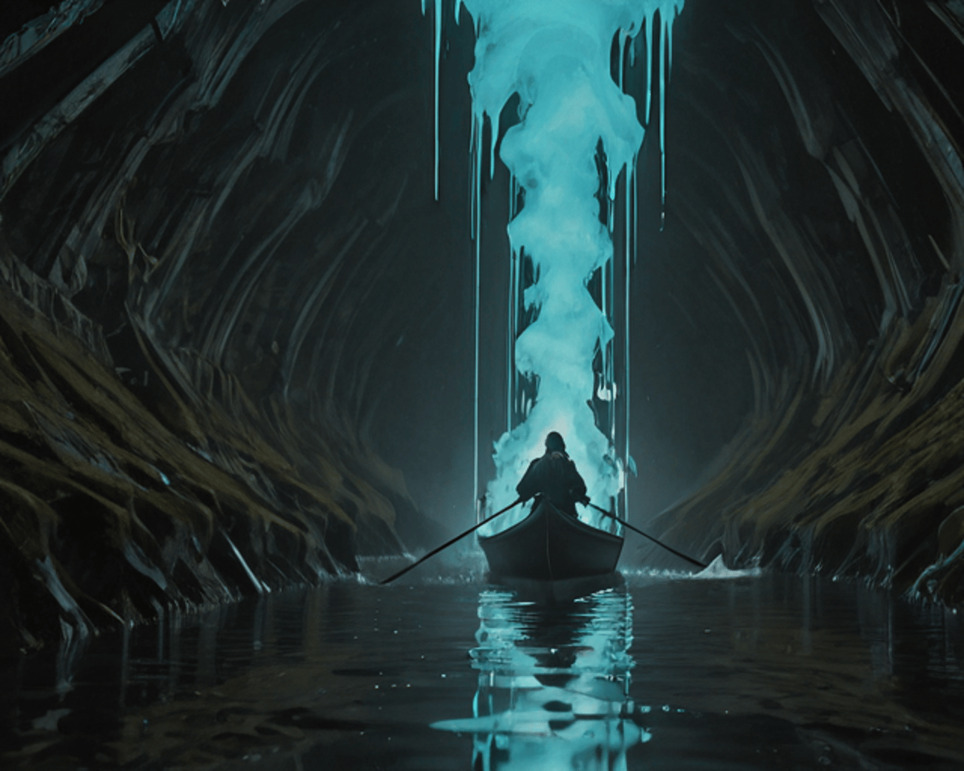 AI generated wallpaper featuring boat, person, cave