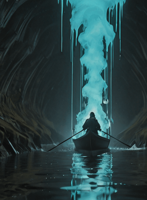 boat, person, cave