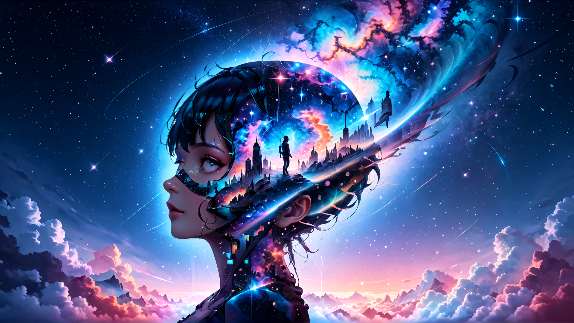 AI generated wallpaper featuring girl, universe, city, stars, nebula, silhouette, clouds, mountains, galaxy, astronaut