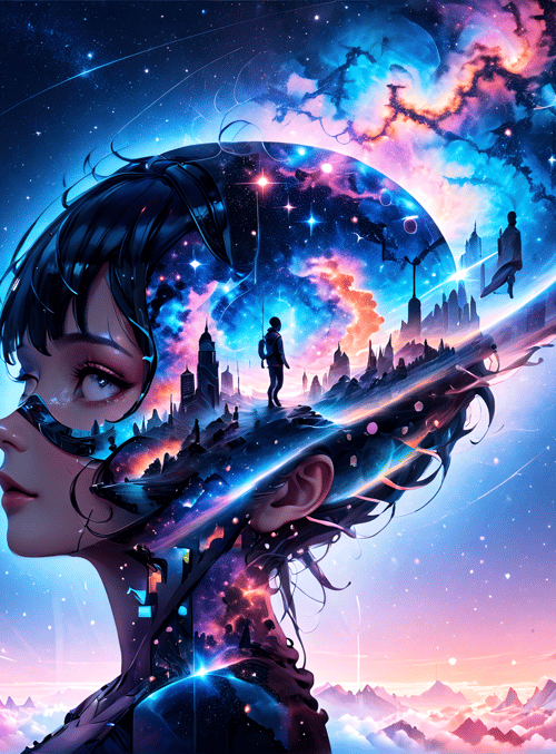 girl, universe, city, stars, nebula, silhouette, clouds, mountains, galaxy, astronaut