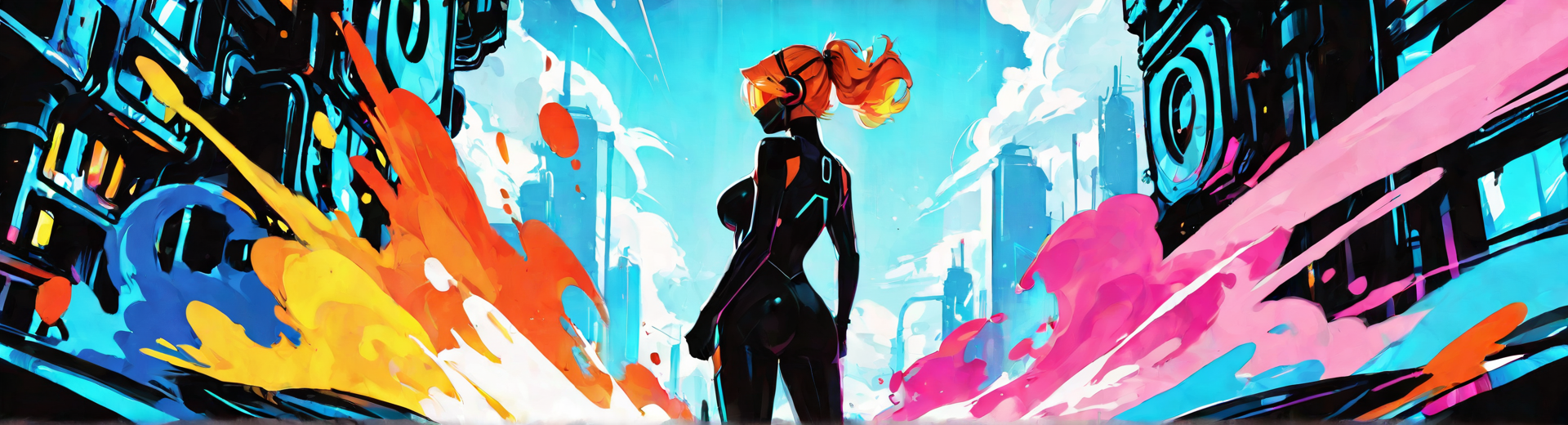 AI generated wallpaper featuring cyborg, woman, cityscape, futuristic, neon, buildings, silk