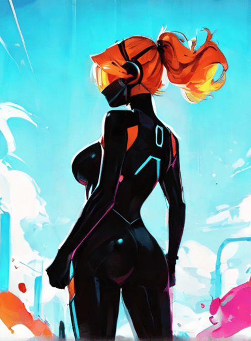 cyborg, woman, cityscape, futuristic, neon, buildings, silk