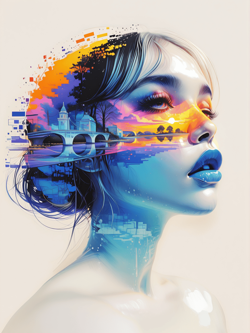 AI generated wallpaper featuring woman, cityscape, bridge, trees, sunset, reflection, building, hair