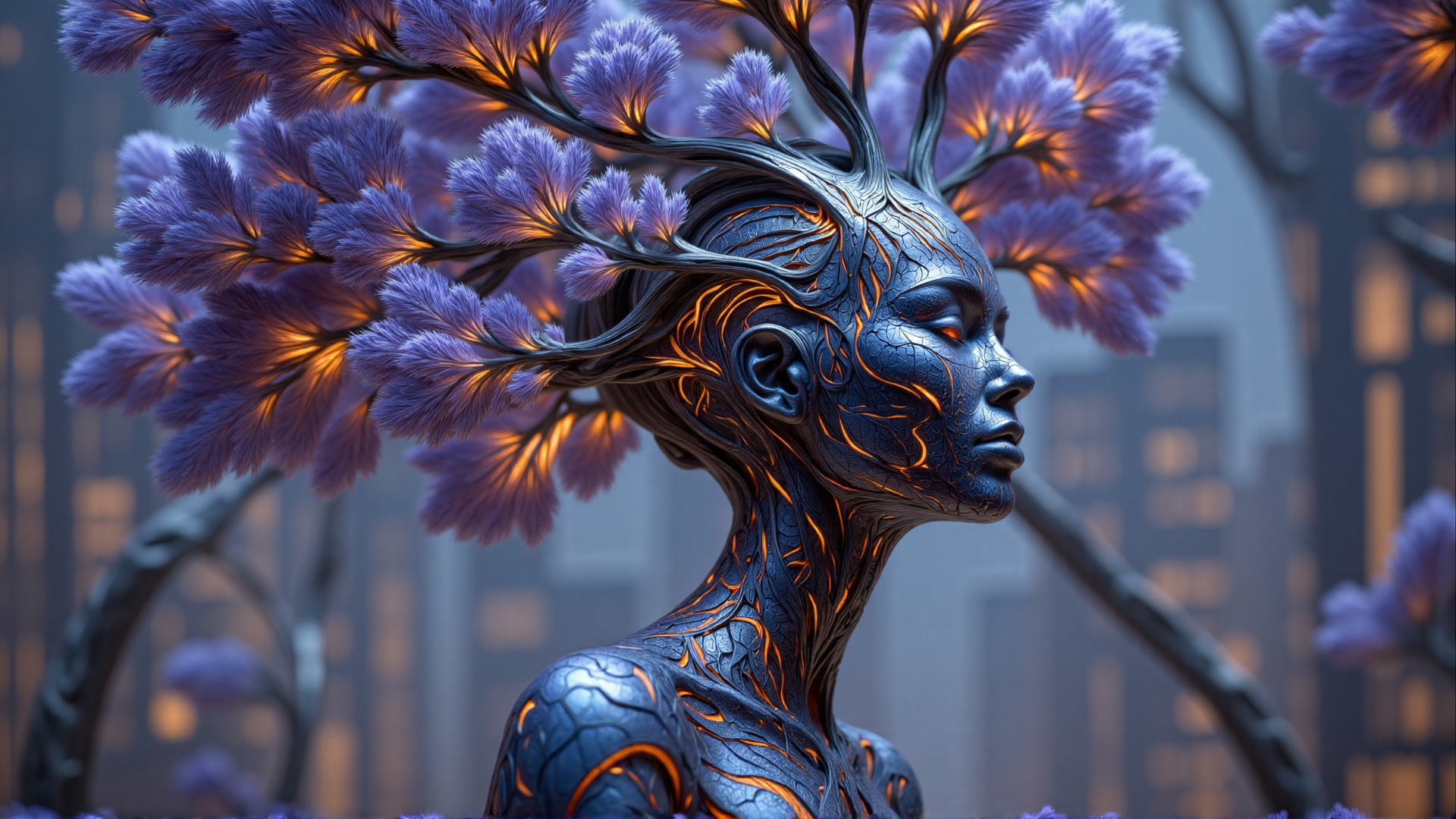 AI generated wallpaper featuring figure, tree, cityscape, artificial, neon, futuristic, woman, digital, nature, urban