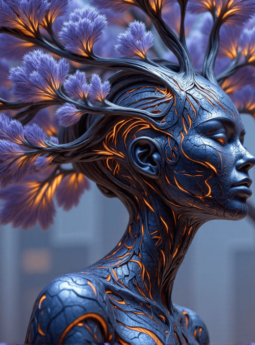 figure, tree, cityscape, artificial, neon, futuristic, woman, digital, nature, urban