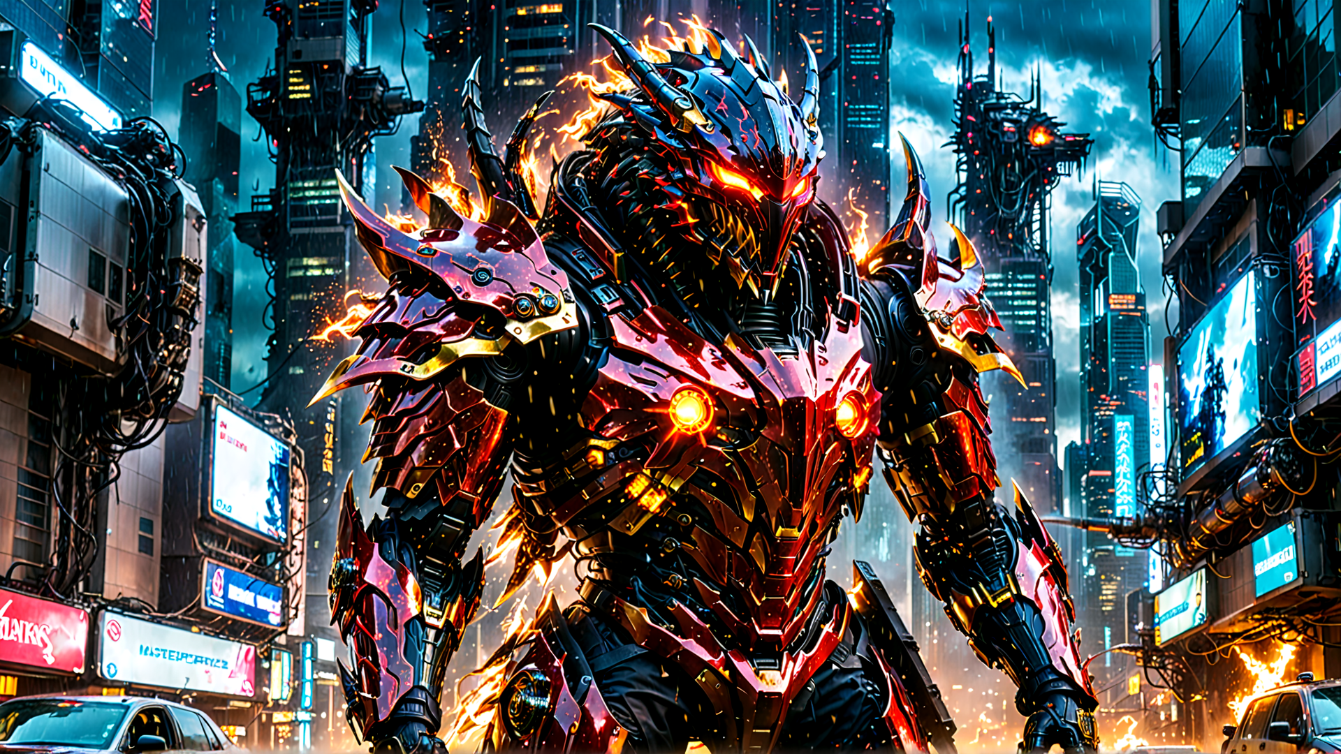 AI generated wallpaper featuring robot, armor, city, skyscraper, neon, fire, vehicle, signage, buildings, digital