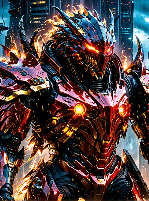 robot, armor, city, skyscraper, neon, fire, vehicle, signage, buildings, digital