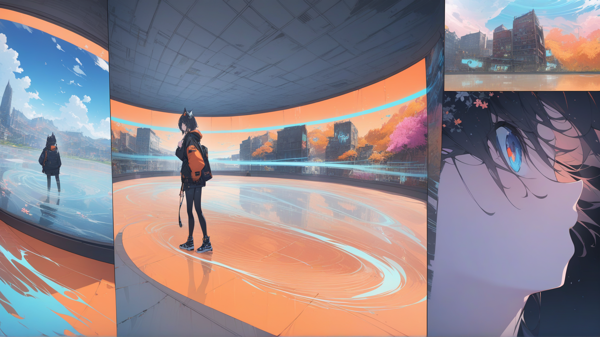 AI generated wallpaper featuring anime character, cityscape, window