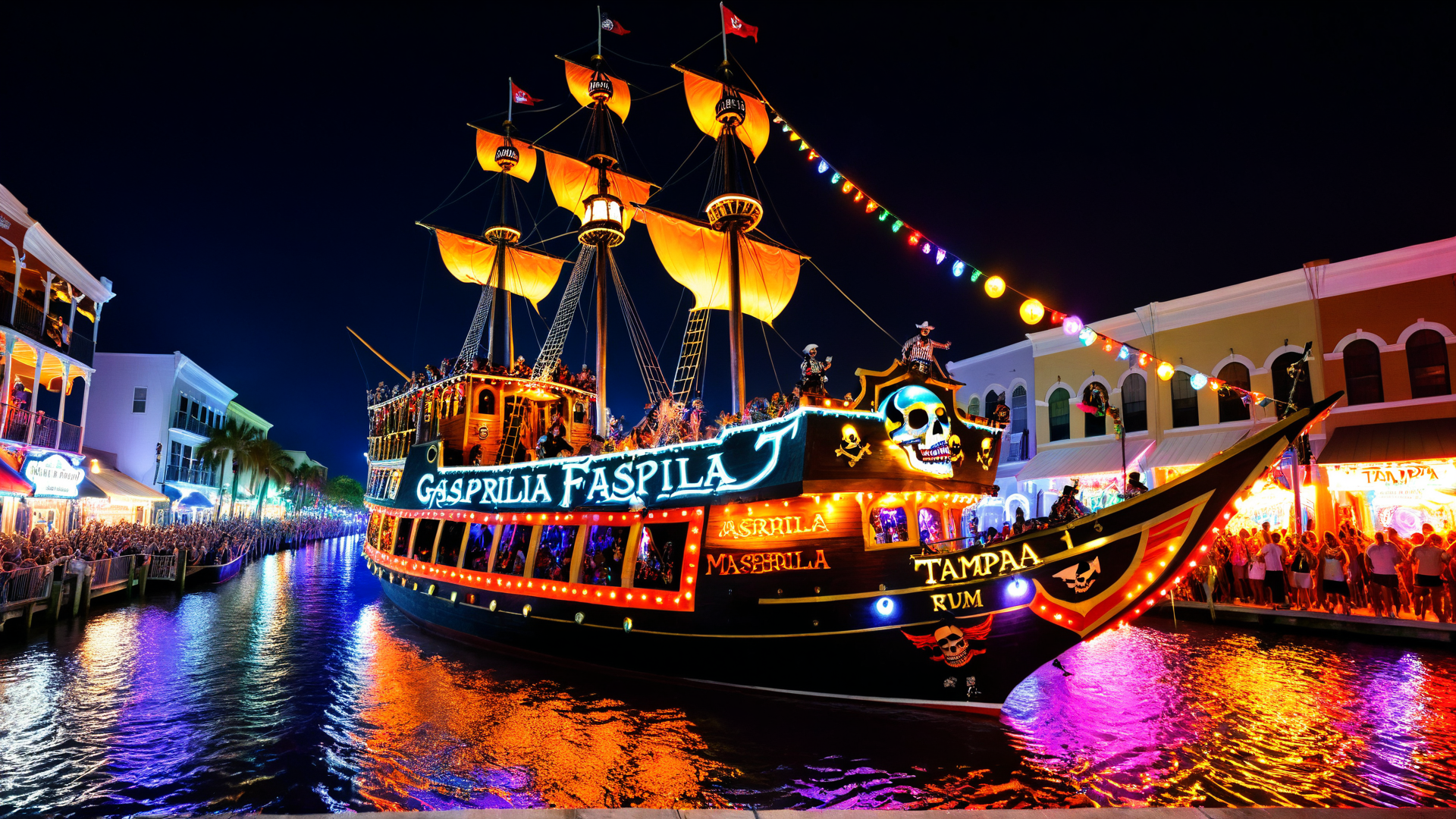 AI generated wallpaper featuring boat, party, pirate, sailboat, crowd, river, city, lights, flag, building