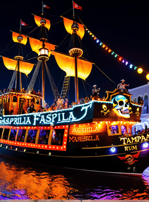 boat, party, pirate, sailboat, crowd, river, city, lights, flag, building