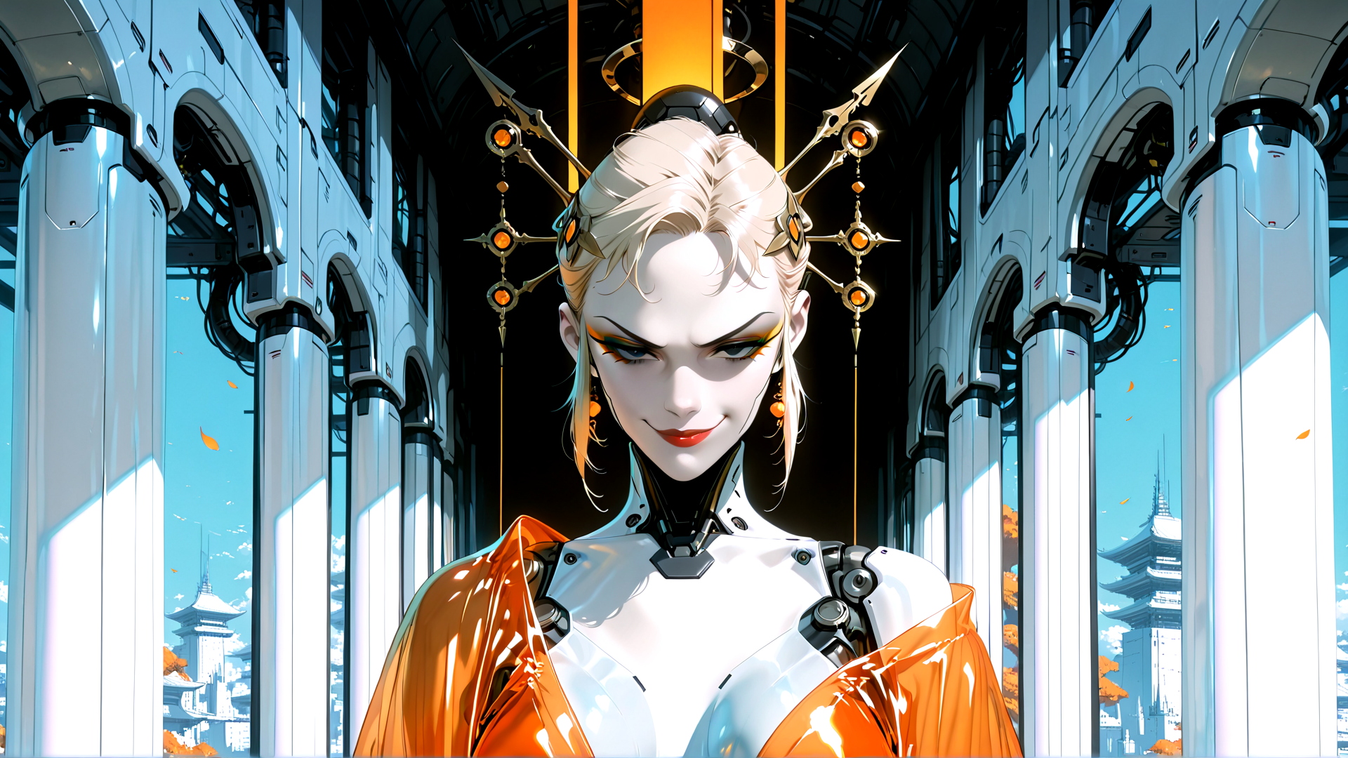 AI generated wallpaper featuring cyborg, woman, robot, gears, columns, spear, headdress, jewelry, cape, tower
