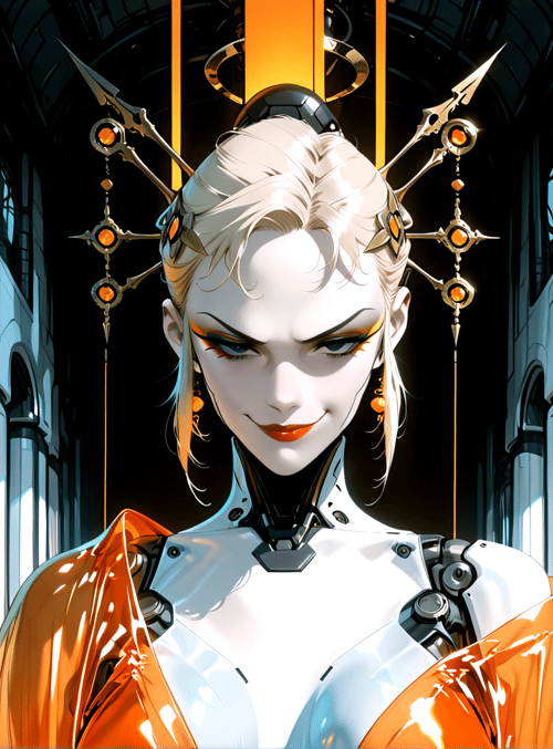 cyborg, woman, robot, gears, columns, spear, headdress, jewelry, cape, tower