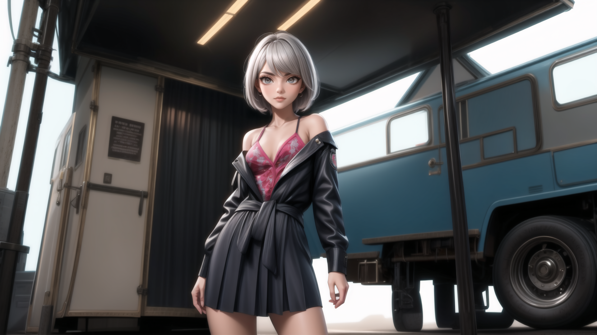 AI generated wallpaper featuring woman, anime, girl, character, uniform, leather, dress, bus, station, vehicle