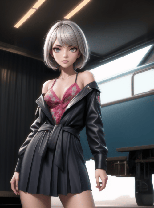 woman, anime, girl, character, uniform, leather, dress, bus, station, vehicle
