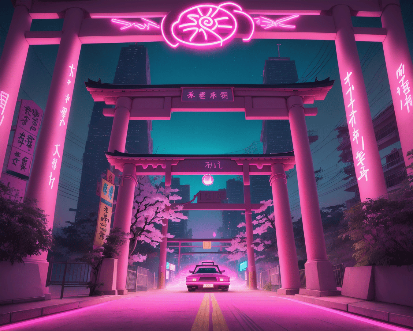 AI generated wallpaper featuring shinto gate, nissan silvia, cherry blossoms