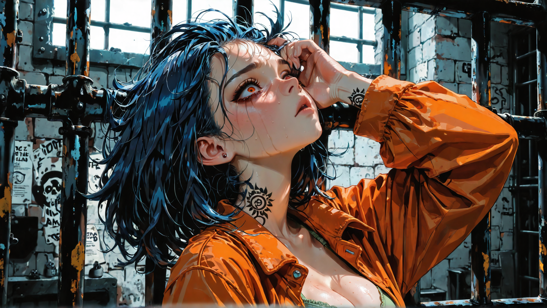 AI generated wallpaper featuring woman, blue hair, tattoo, orange jacket, prison bars