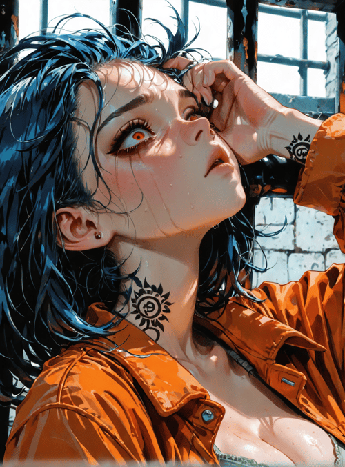 woman, blue hair, tattoo, orange jacket, prison bars