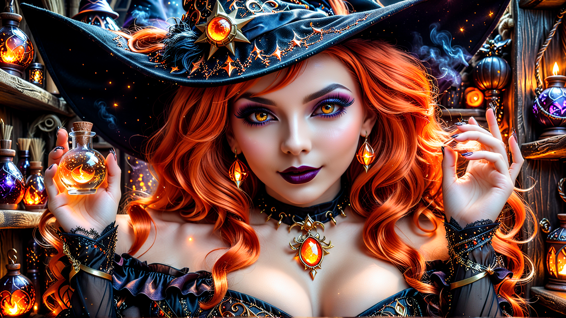 AI generated wallpaper featuring witch, bottle, lamps, hat, necklace, ears, hair, choker, hands, ornaments