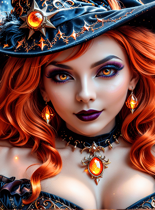witch, bottle, lamps, hat, necklace, ears, hair, choker, hands, ornaments
