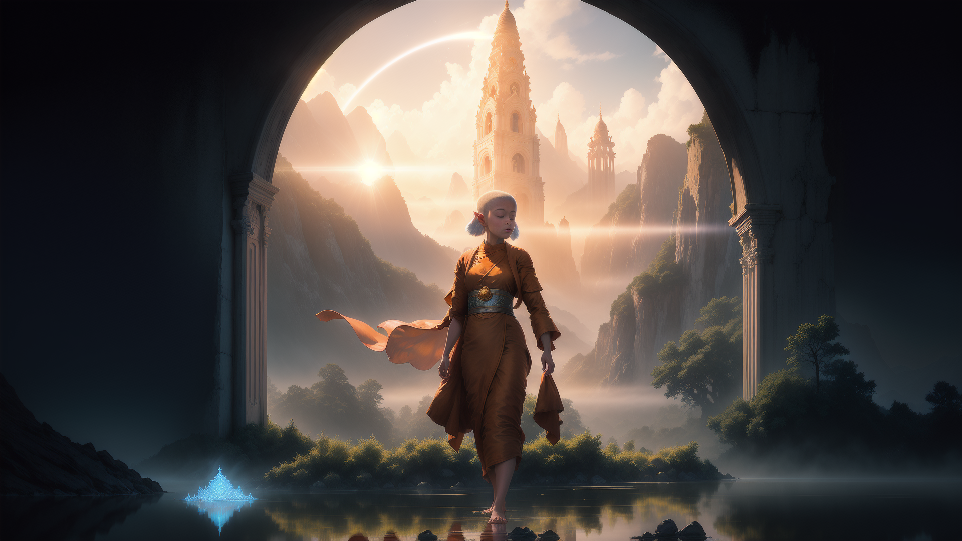 AI generated wallpaper featuring elf, monk, arch
