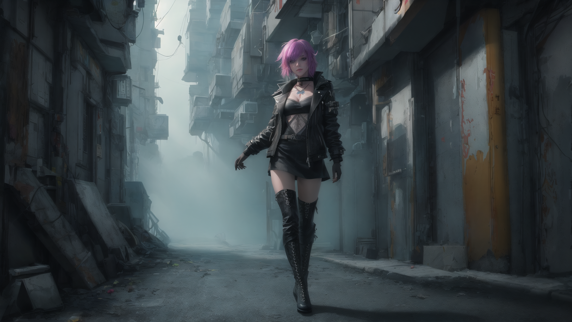 AI generated wallpaper featuring woman, cyberpunk, alley