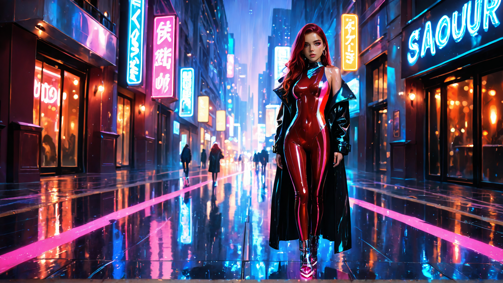 AI generated wallpaper featuring woman, cyberpunk, street