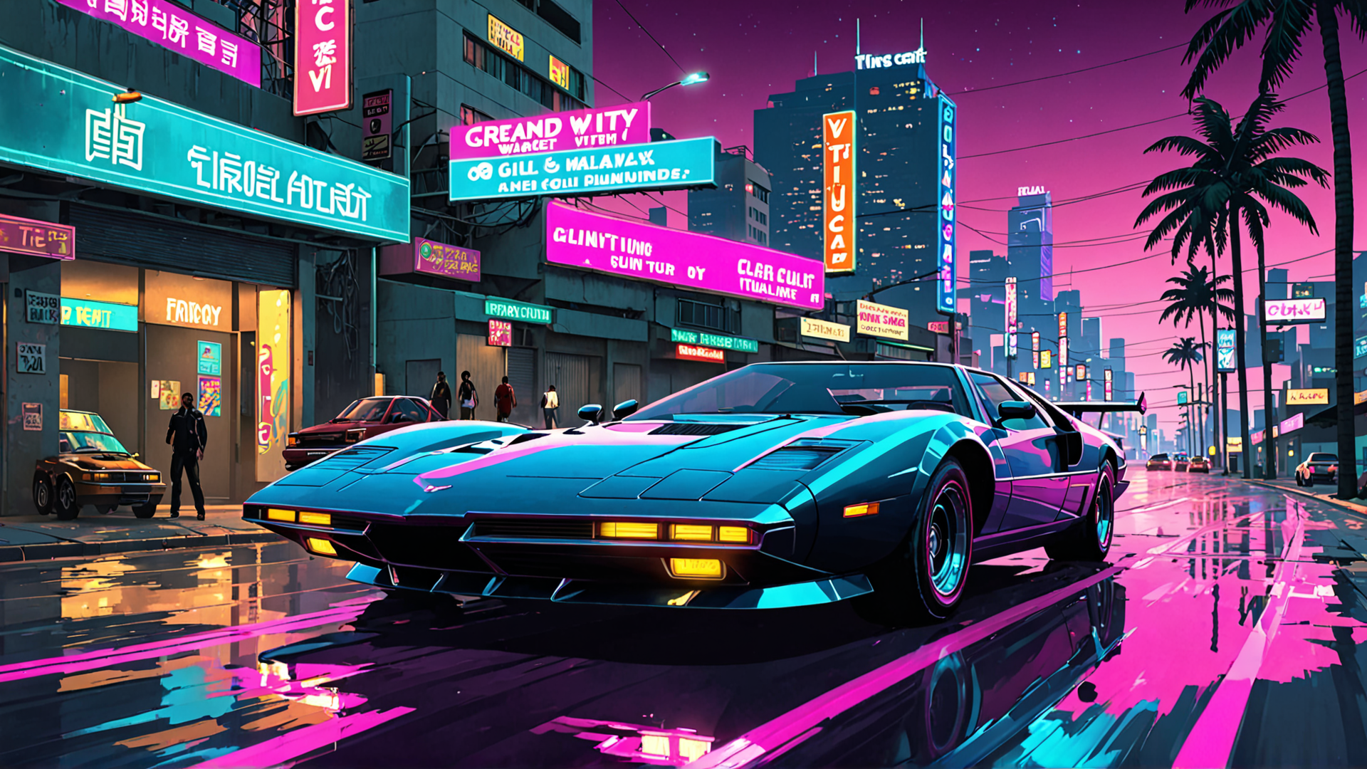 AI generated wallpaper featuring sports car, city street, neon signs