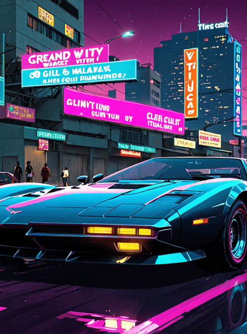 sports car, city street, neon signs