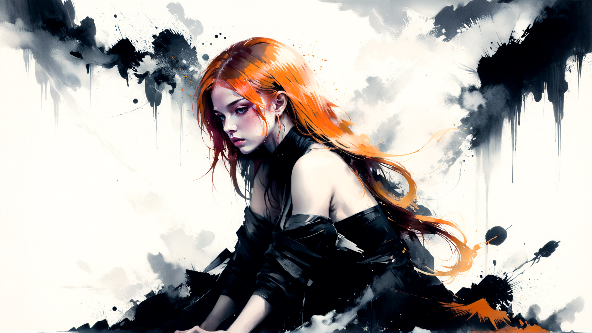 AI generated wallpaper featuring woman, hair, dress, ink, splash