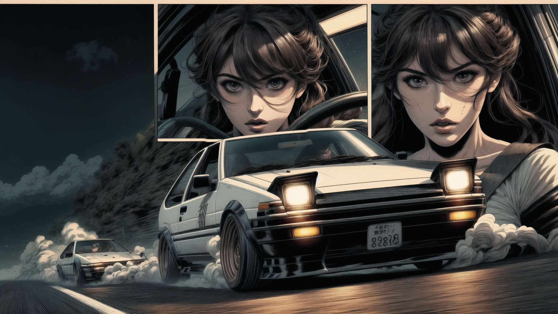 AI generated wallpaper featuring car, woman, road, drift, license plate, headlight, cloud, hair, tire, suspension