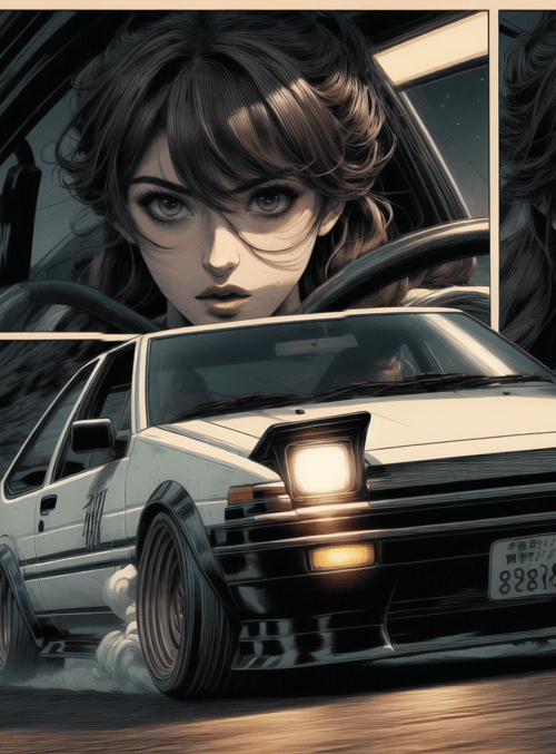 car, woman, road, drift, license plate, headlight, cloud, hair, tire, suspension