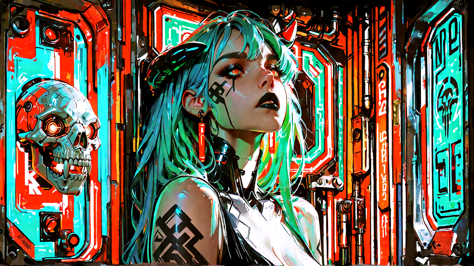 AI generated wallpaper featuring cyberpunk girl, robotic skull, neon signs