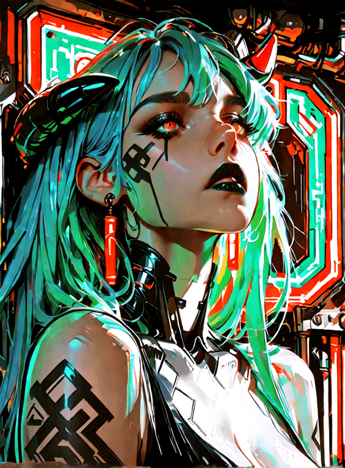cyberpunk girl, robotic skull, neon signs