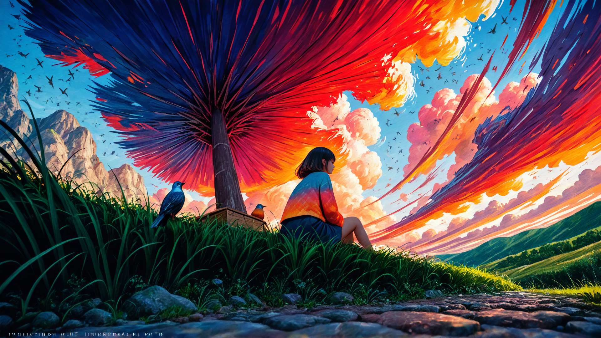 AI generated wallpaper featuring girl, tree, birds