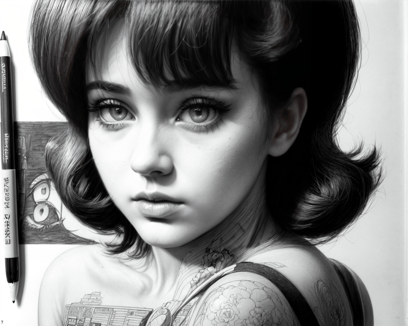 girl, tattoo, sketch