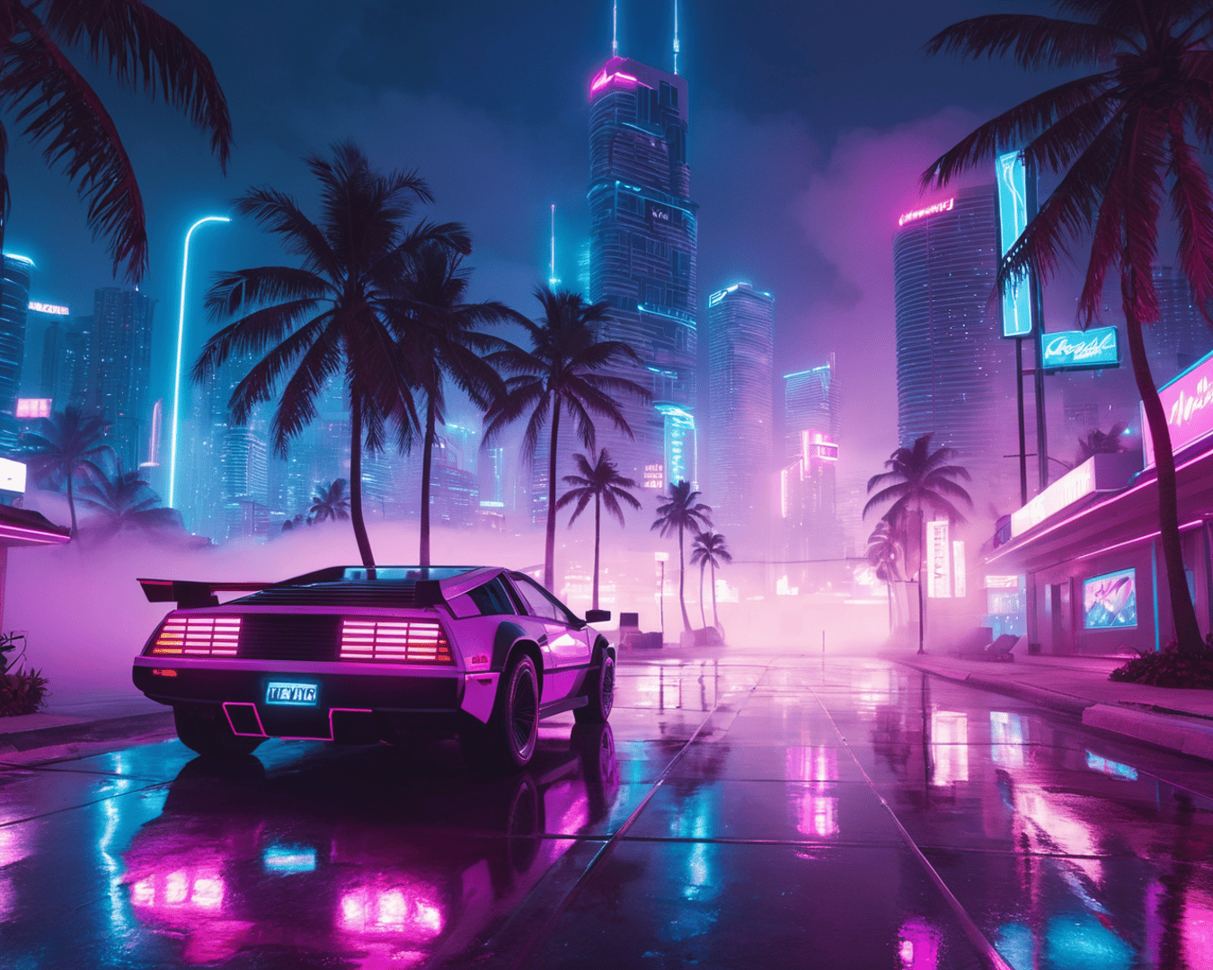 AI generated wallpaper featuring car, city, palm tree