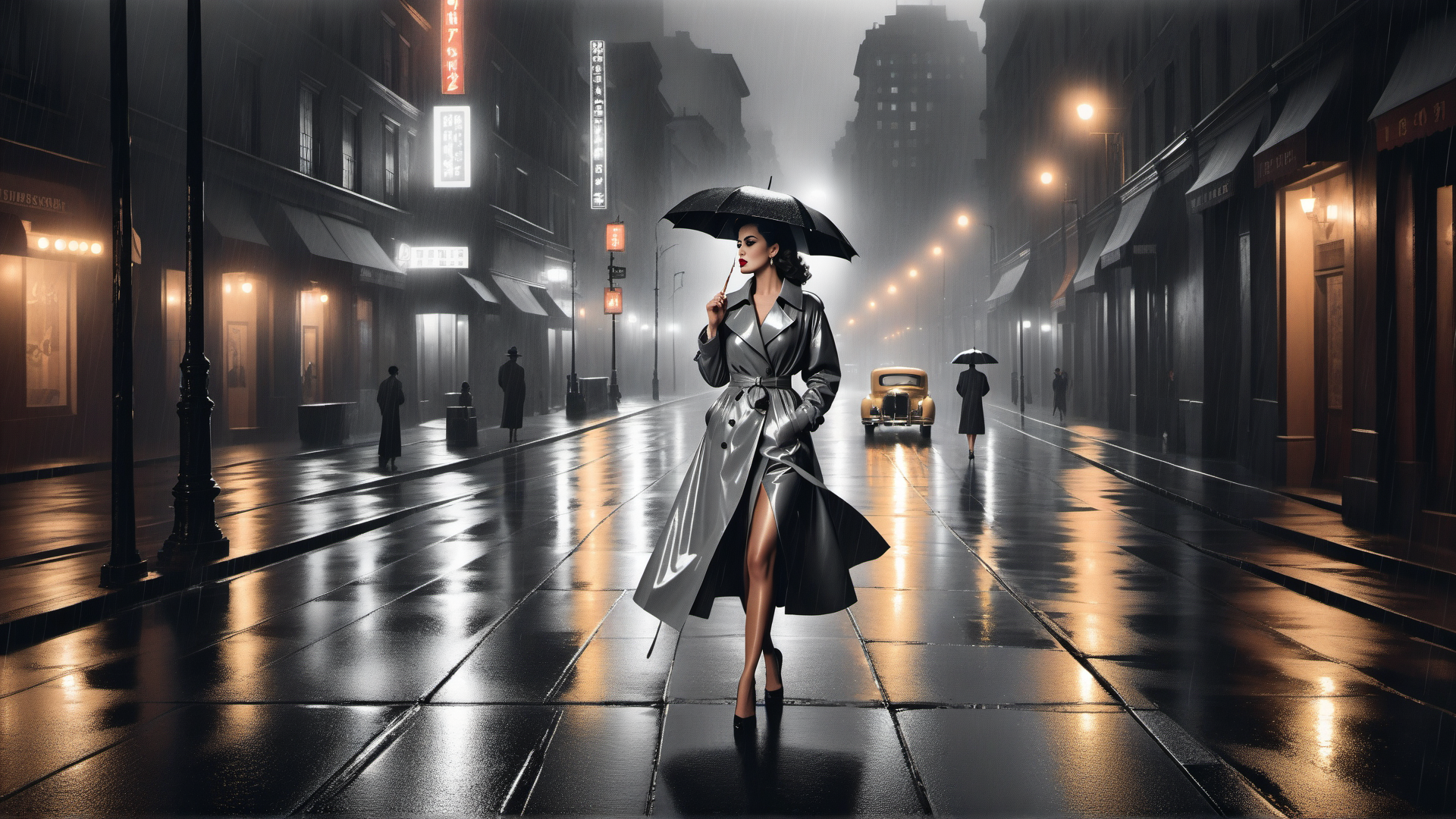 AI generated wallpaper featuring woman, umbrella, city