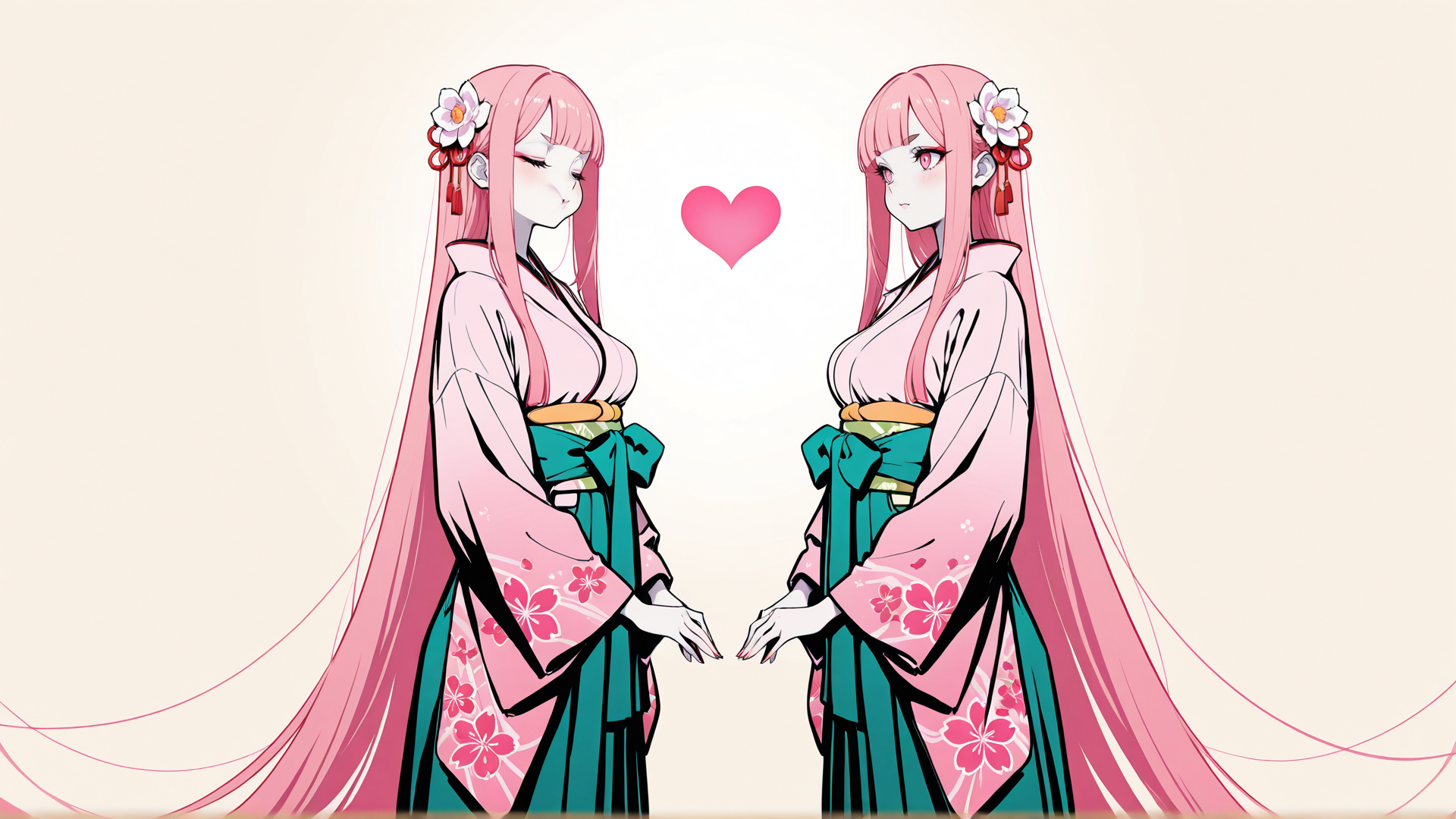 AI generated wallpaper featuring anime girl, pink hair, kimono, flower hairpin, heart