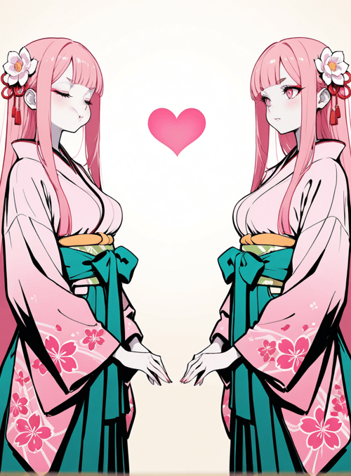 anime girl, pink hair, kimono, flower hairpin, heart