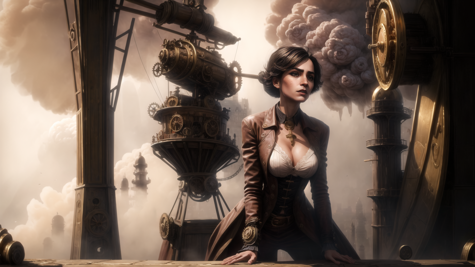 AI generated wallpaper featuring woman, steampunk, city