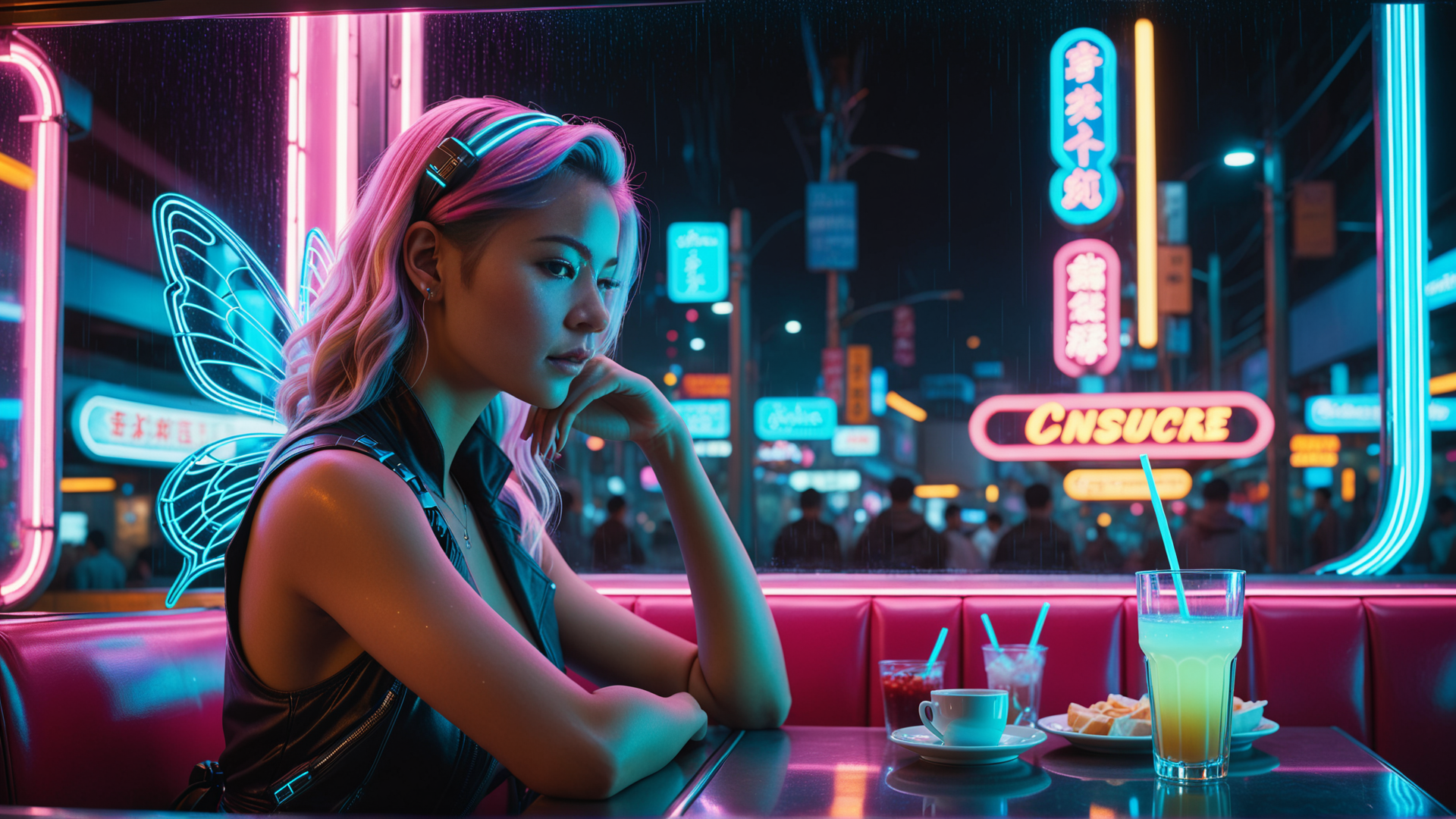 AI generated wallpaper featuring woman, neon, butterfly