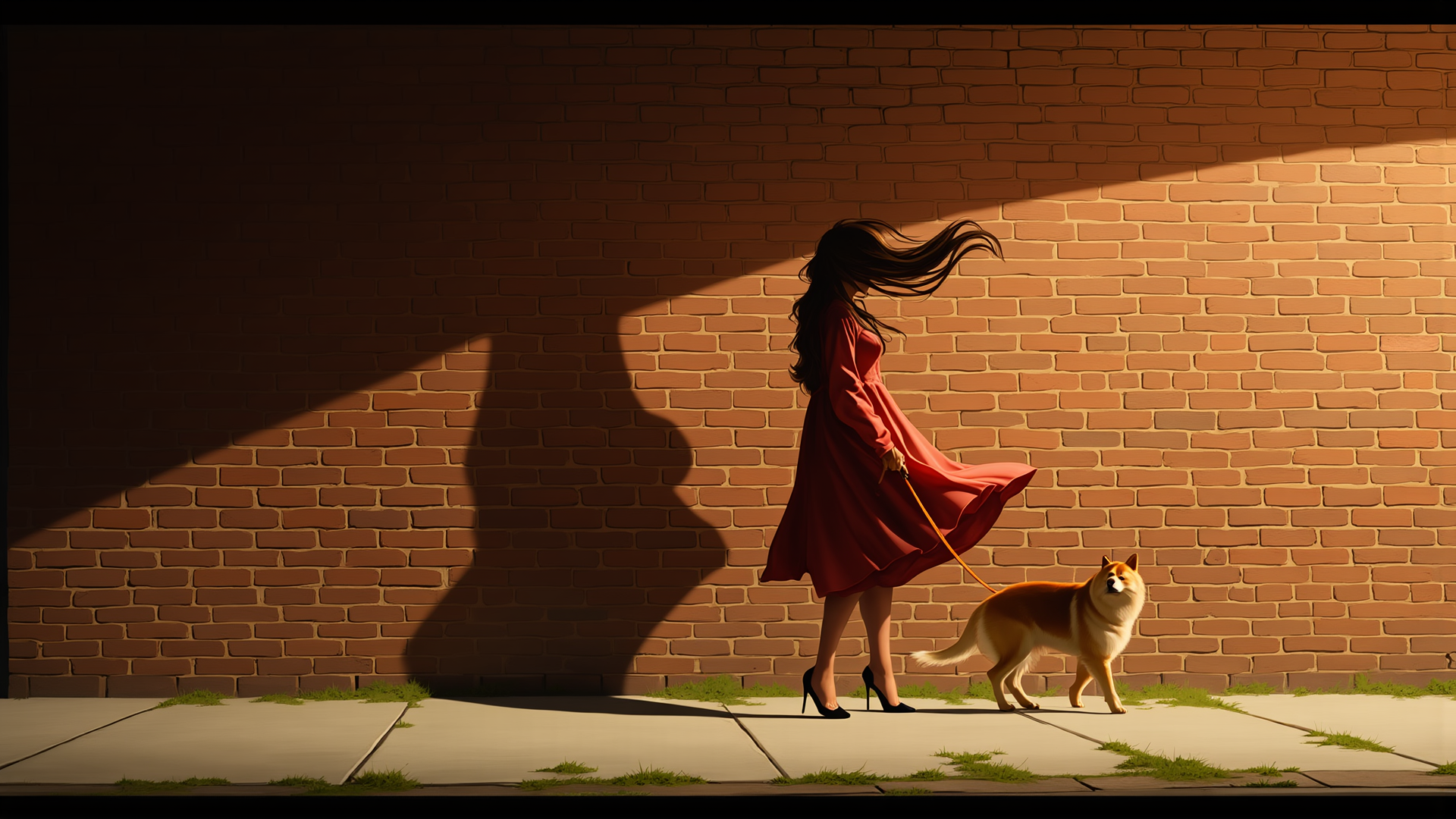 AI generated wallpaper featuring woman, dog, bricks, sunset, dress