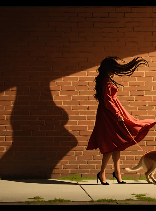 woman, dog, bricks, sunset, dress