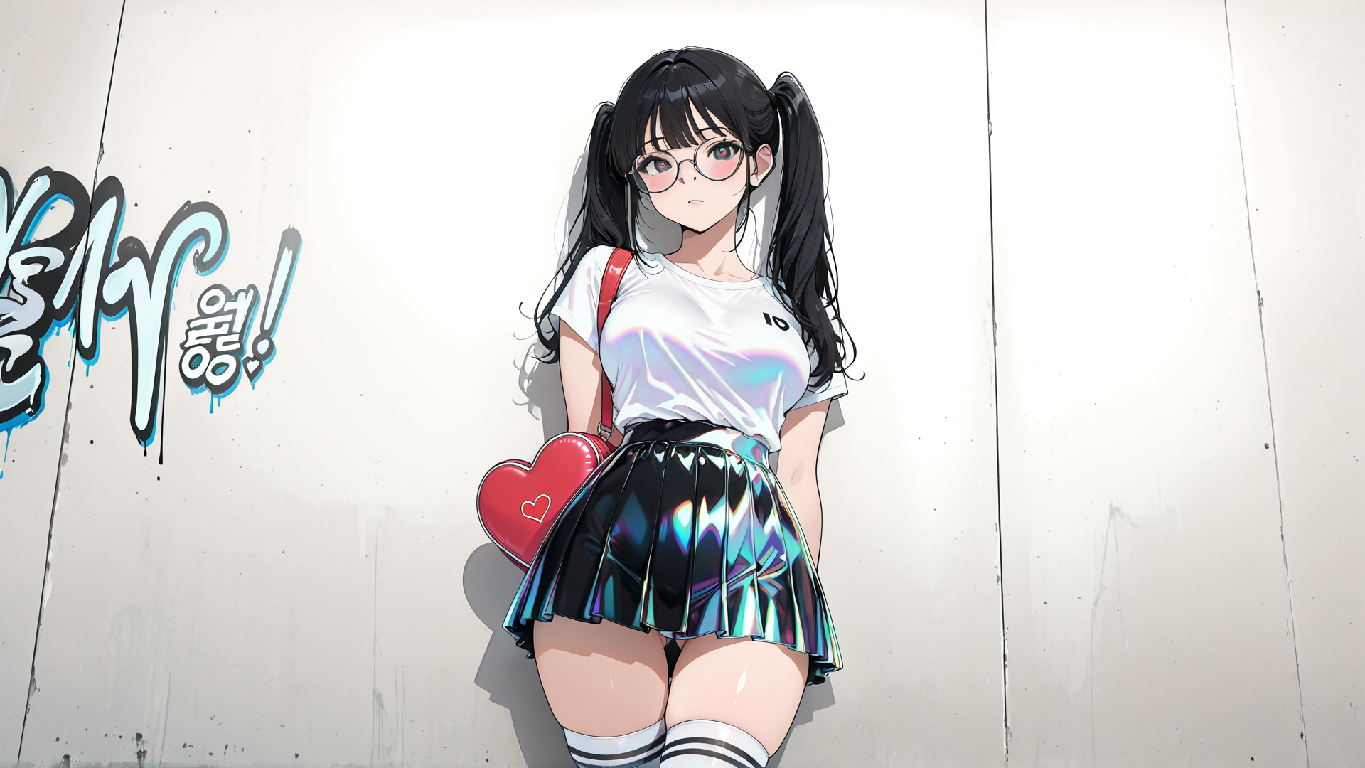 AI generated wallpaper featuring girl, anime, pom, skirt, heart, bag, wall, glasses, holographic, t-shirt