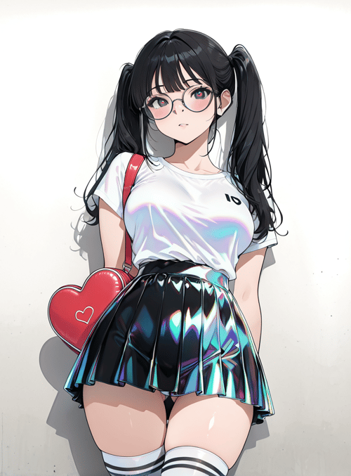 girl, anime, pom, skirt, heart, bag, wall, glasses, holographic, t-shirt