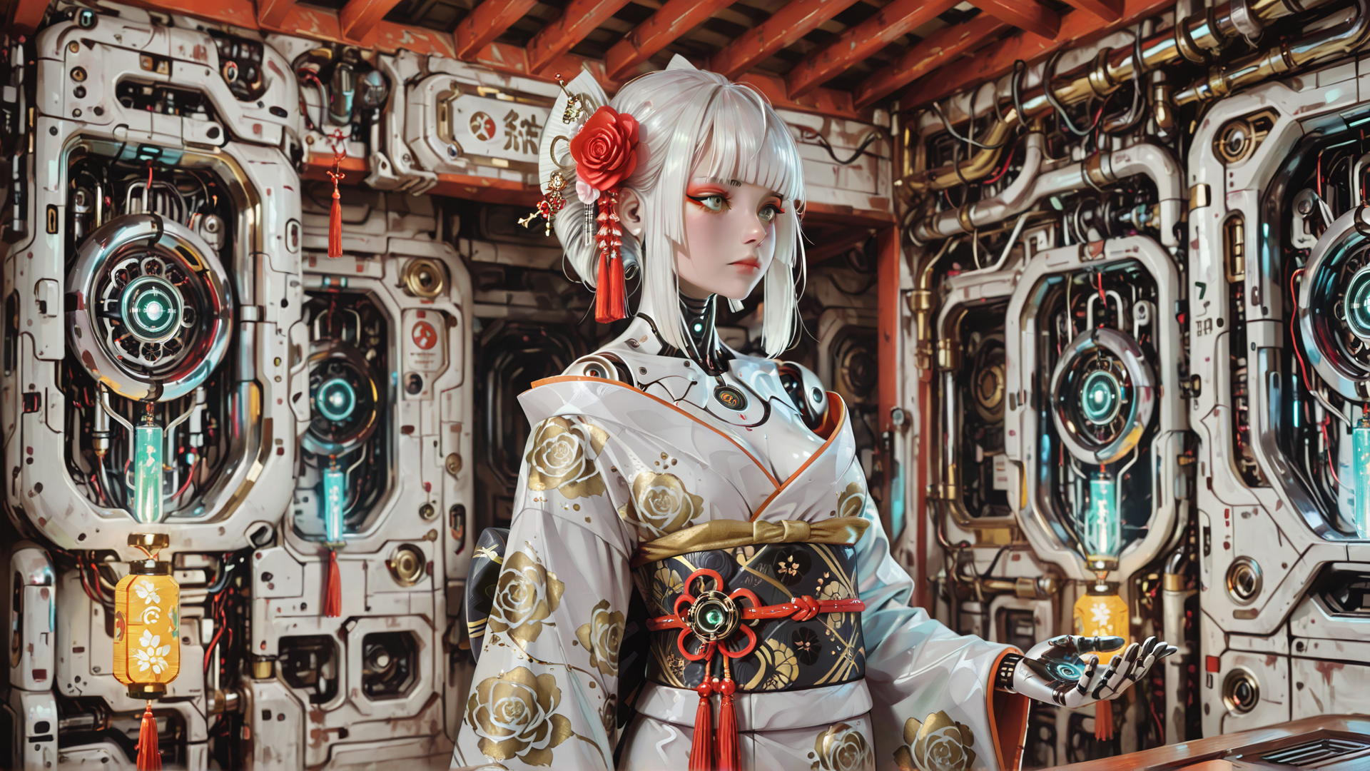 AI generated wallpaper featuring cyborg, woman, robot, sailor, mechanical, gears, machinery, hologram, lamps, chinese