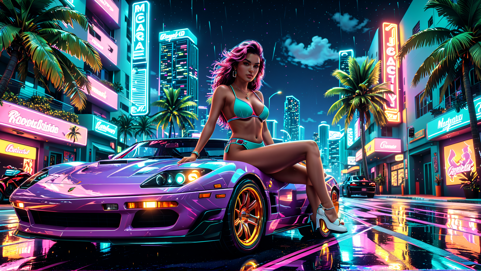 AI generated wallpaper featuring woman, car, city